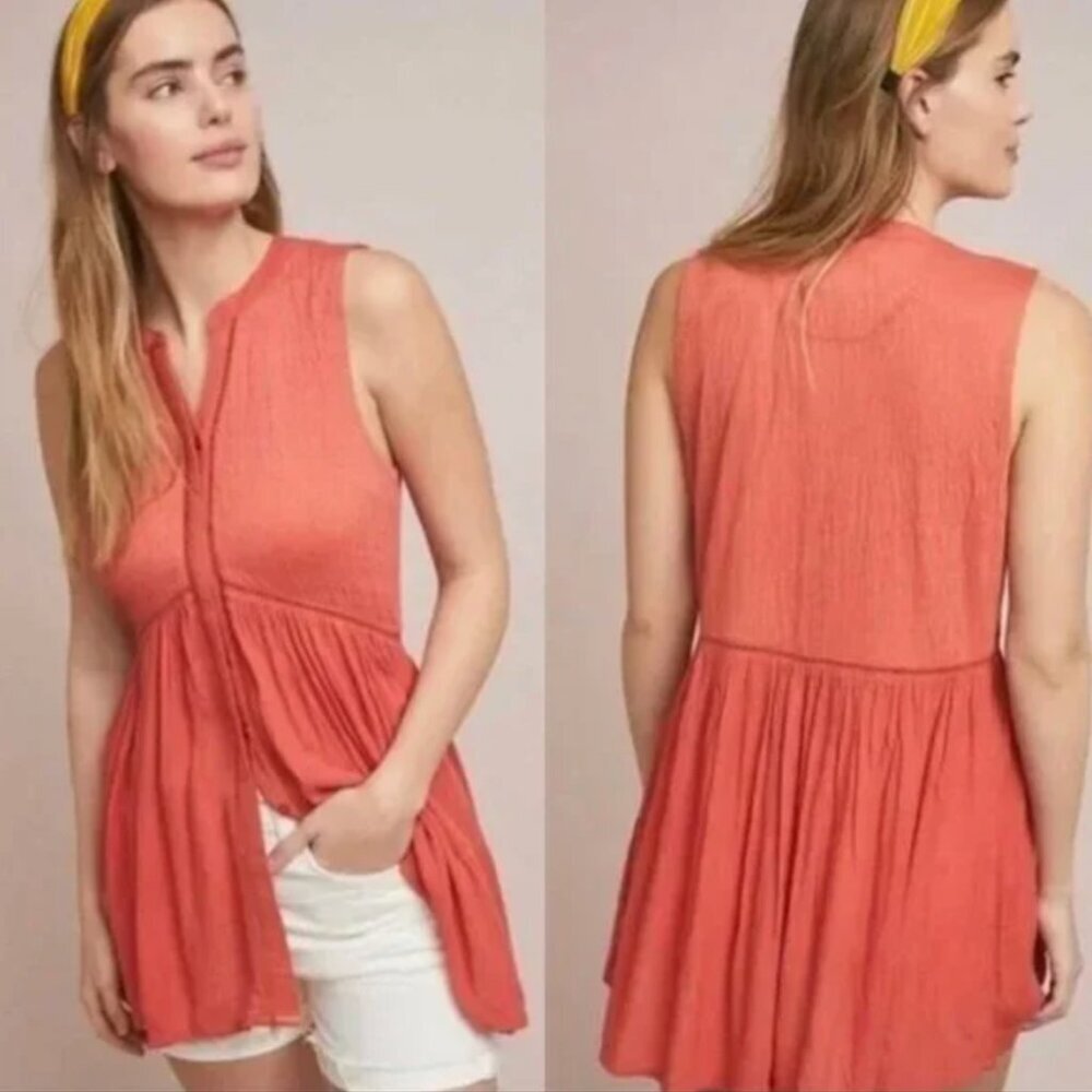 Anthropologie Nia Tunic Womens Size Medium Orange Sleeveless Button Down Top